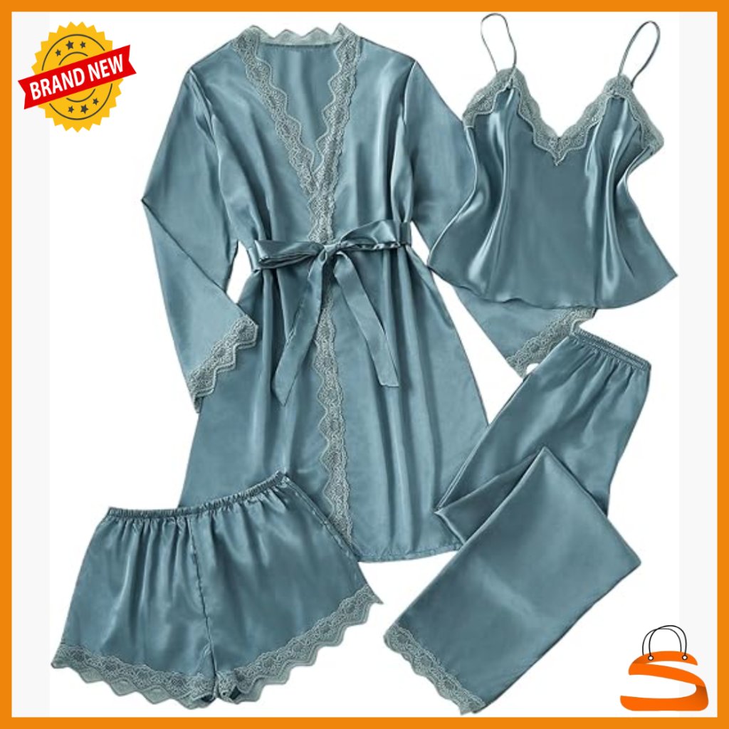 Silk Pajama Set 4pc With Robe Lace Trim Lounge Sleepwear Medium